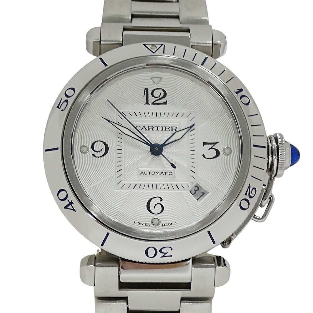 Cartier Pasha Grid Skeleton Automatic Men's Stainless Steel Watch: Cartier Pasha Grid Skeleton Automatic Men's Stainless Steel Watch This is a pre-owned Cartier Pasha Grid Date Automatic wristwatch for men, crafted in stainless steel with a silver skeleton dial. Made