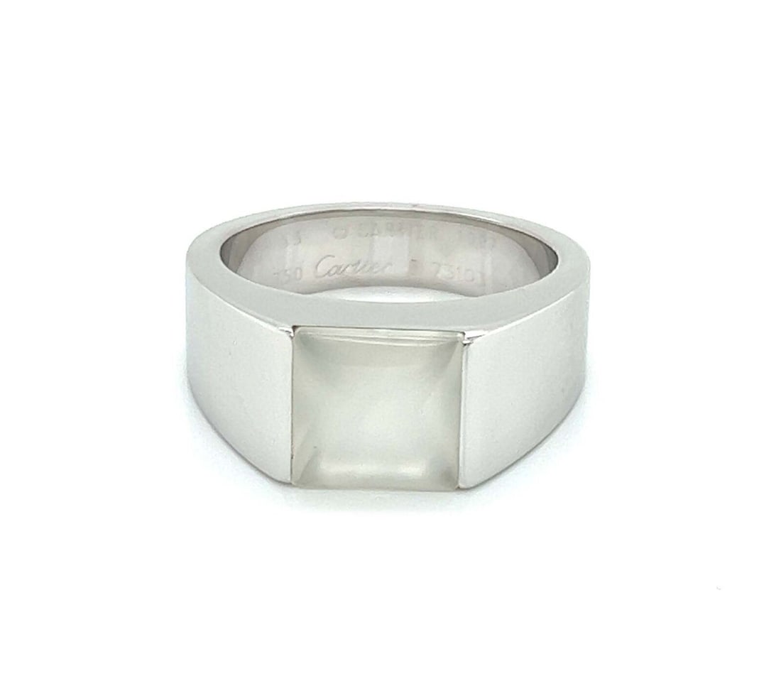 Cartier Tank Moonstone Ring 18k White Gold Size 6.75: Cartier Tank Moonstone Ring 18k White Gold Size 6.75 This Cartier Tank band ring is crafted from solid 18k white gold and features a luminous cabochon moonstone centerpiece measuring approximately 8mm
