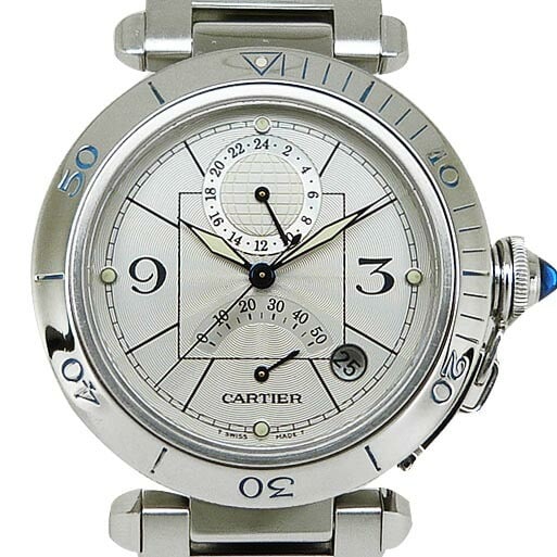 Cartier Pasha GMT Power Reserve Automatic Steel Watch 38mm Silver Dial: Cartier Pasha GMT Power Reserve Automatic Steel Watch 38mm Silver Dial This Cartier Pasha 38 Power Reserve GMT wristwatch features a silver dial and an automatic movement. Designed for men, it is craf