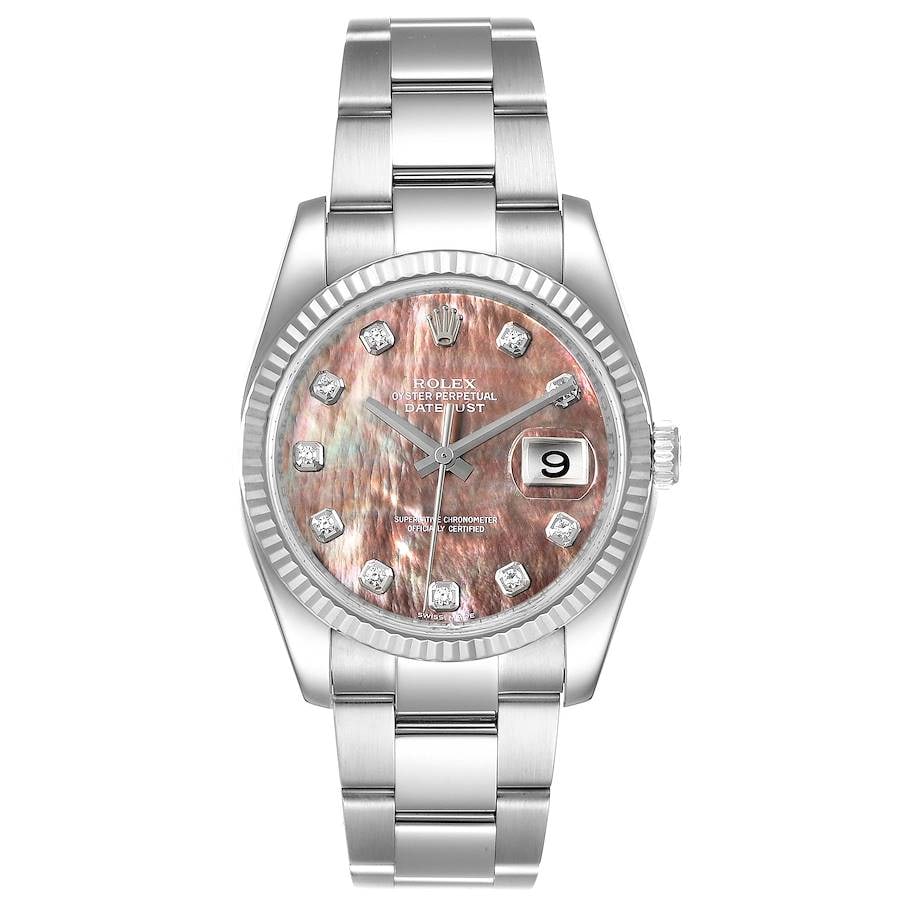 Rolex Datejust 116234 Black Mother of Pearl Diamond Dial Oyster Bracelet: Rolex Datejust 116234 Black Mother of Pearl Diamond Dial Oyster Bracelet This Rolex Datejust features a striking black mother of pearl dial adorned with diamond hour markers. The watch is equipped wit