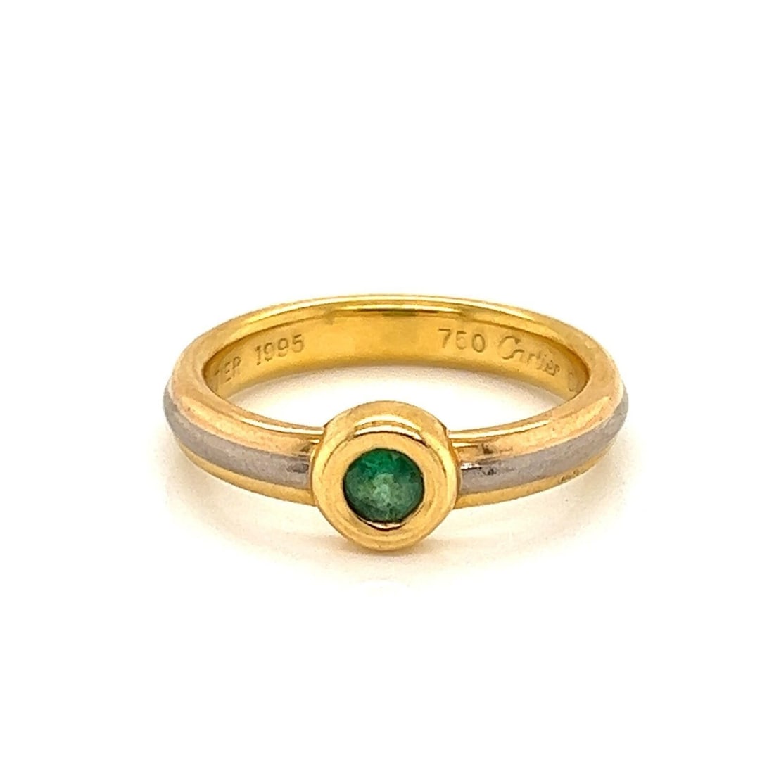 Cartier tri color gold emerald band ring with certificate size 52: Cartier tri color gold emerald band ring with certificate size 52 This authentic Cartier stack band ring is crafted from solid 18k yellow, rose, and white gold, featuring three elegantly stacked wire 