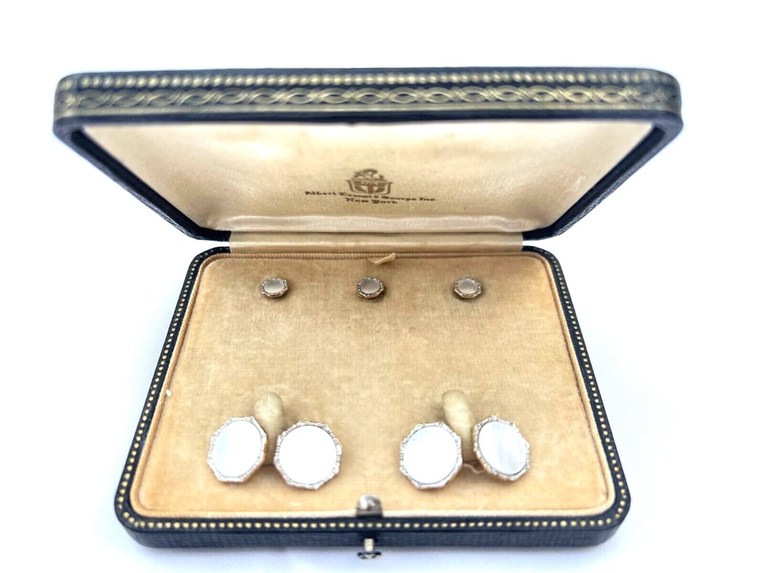Larter & Sons Art Deco Platinum Gold Mother of Pearl Dress Set: Larter & Sons Art Deco Platinum Gold Mother of Pearl Dress Set Experience the elegance of the Art Deco era with this exquisite dress set by Larter & Sons. This stunning collection includes a pair of c