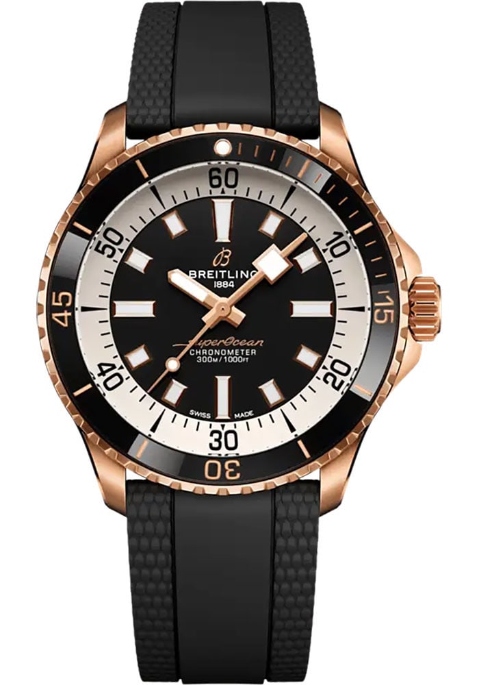 Superocean Automatic Black Dial Rubber Strap Watch R17375211B1S1 with Card: Superocean Automatic Black Dial Rubber Strap Watch R17375211B1S1 with Card This Breitling Superocean Automatic features a black dial and a rotating bezel, complemented by a rubber strap. It is designe