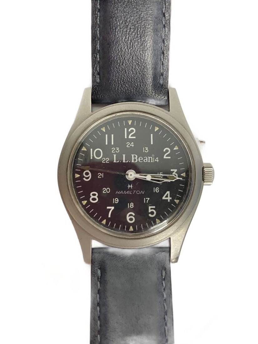 Swiss L.L.BeanxHAMILTON Field Wristwatch Black Leather Men: Swiss L.L.BeanxHAMILTON Field Wristwatch Black Leather Men This men's wristwatch is a collaboration between L.L.Bean and Hamilton, featuring a classic 1980s field watch design with both old and italic