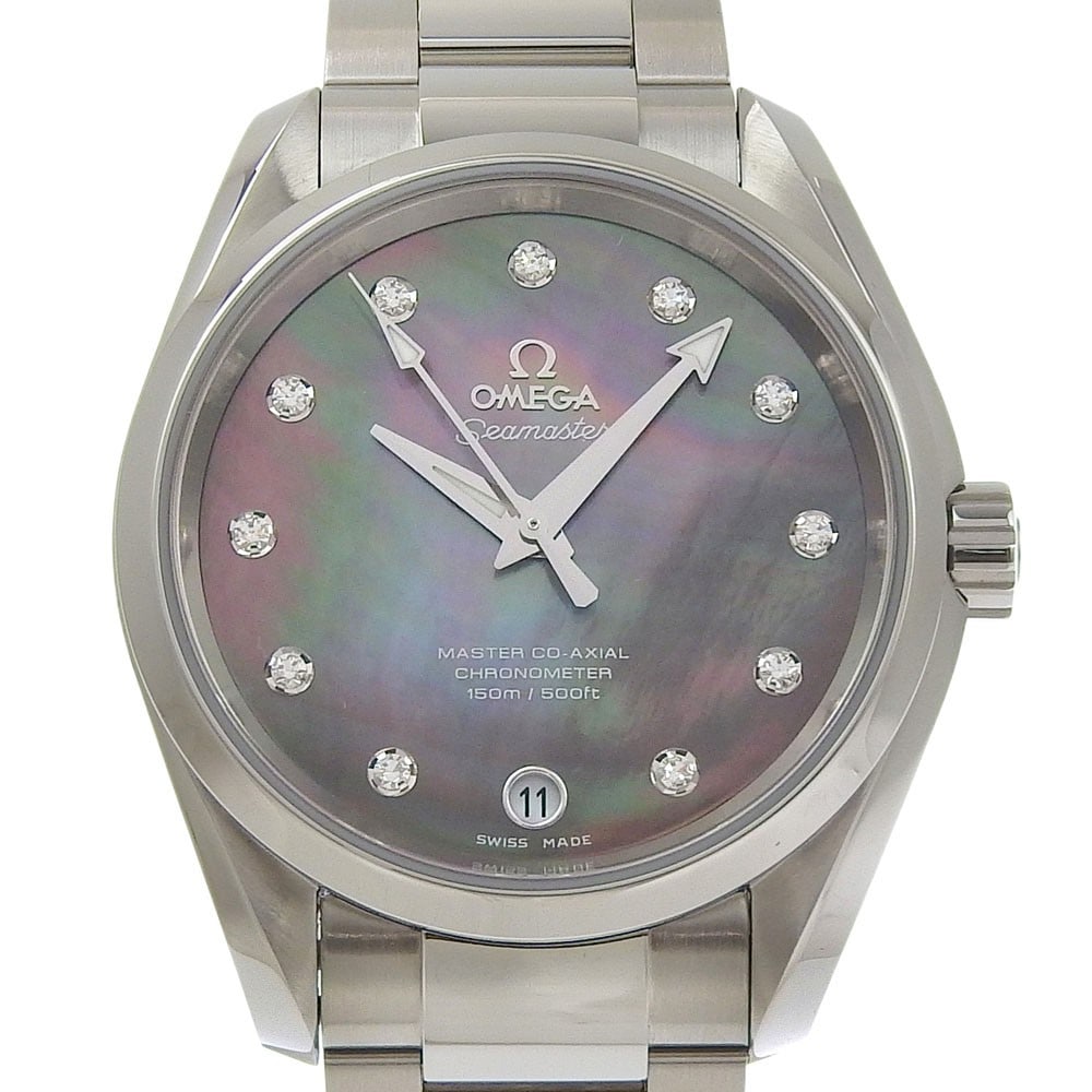 OMEGA Aqua Terra Diamond Date Men's Wristwatch: OMEGA Aqua Terra Diamond Date Men's Wristwatch This OMEGA Seamaster Aqua Terra wristwatch is a Swiss-made timepiece designed for men. It features a date display and is adorned with 11 diamond hour mar