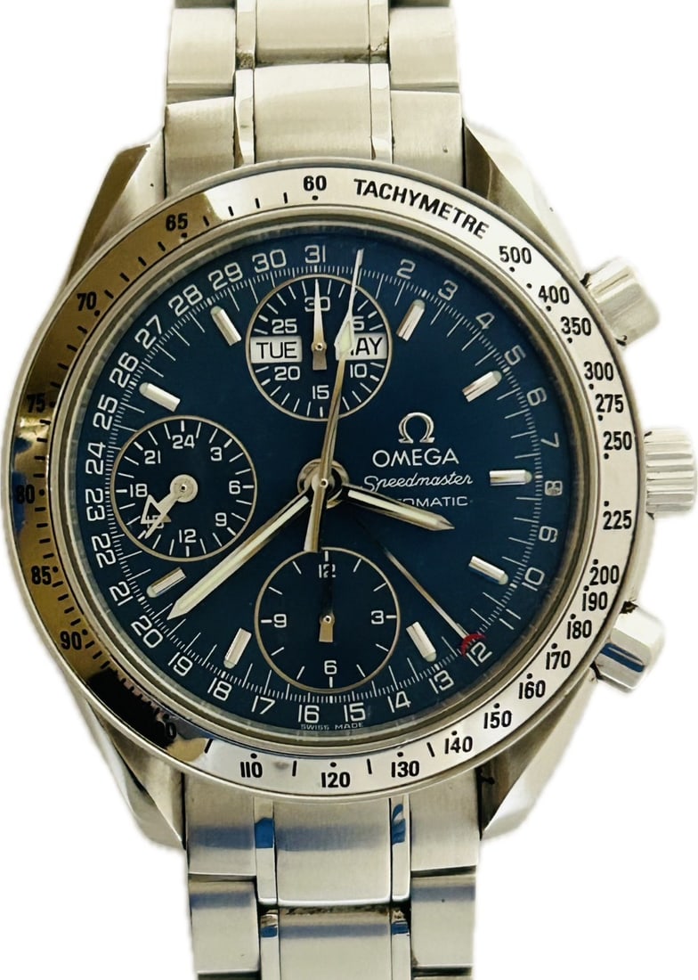 OMEGA Speedmaster Triple Calendar 3523.80 Blue Dial Automatic Watch: OMEGA Speedmaster Triple Calendar 3523.80 Blue Dial Automatic Watch This OMEGA Speedmaster Triple Calendar 3523.80 is a men's wristwatch featuring a stainless steel case and band with a blue dial. The