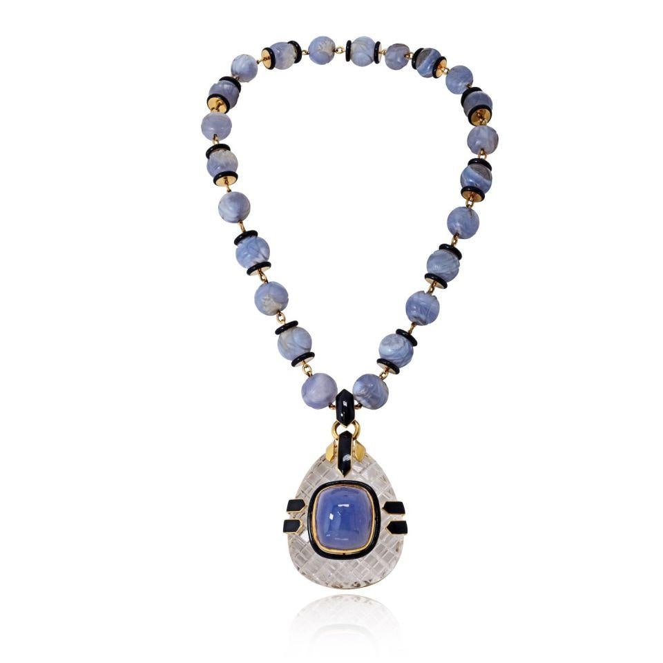 David Webb 18K Gold Purple Chalcedony Bead Necklace with Rock Crystal Pendant (1 of 5)