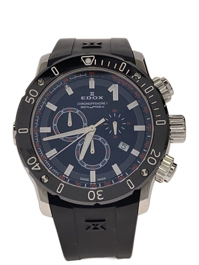 EDOX Offshore 1 Diver Quartz Men's Rubber Strap Watch: EDOX Offshore 1 Diver Quartz Men's Rubber Strap Watch This EDOX Chrono Offshore 1 Diver's Quartz wristwatch is designed for men and features a durable rubber band and a classic black color. Made in Sw
