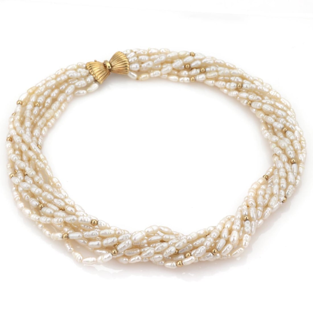 Vintage 14k Yellow Gold Rice Pearls Multi-Strand Necklace 15.5in: Vintage 14k Yellow Gold Rice Pearls Multi-Strand Necklace 15.5in This exquisite vintage necklace features 10 strands of elegant rice pearls, beautifully enhanced with small 14k yellow gold beads. The 