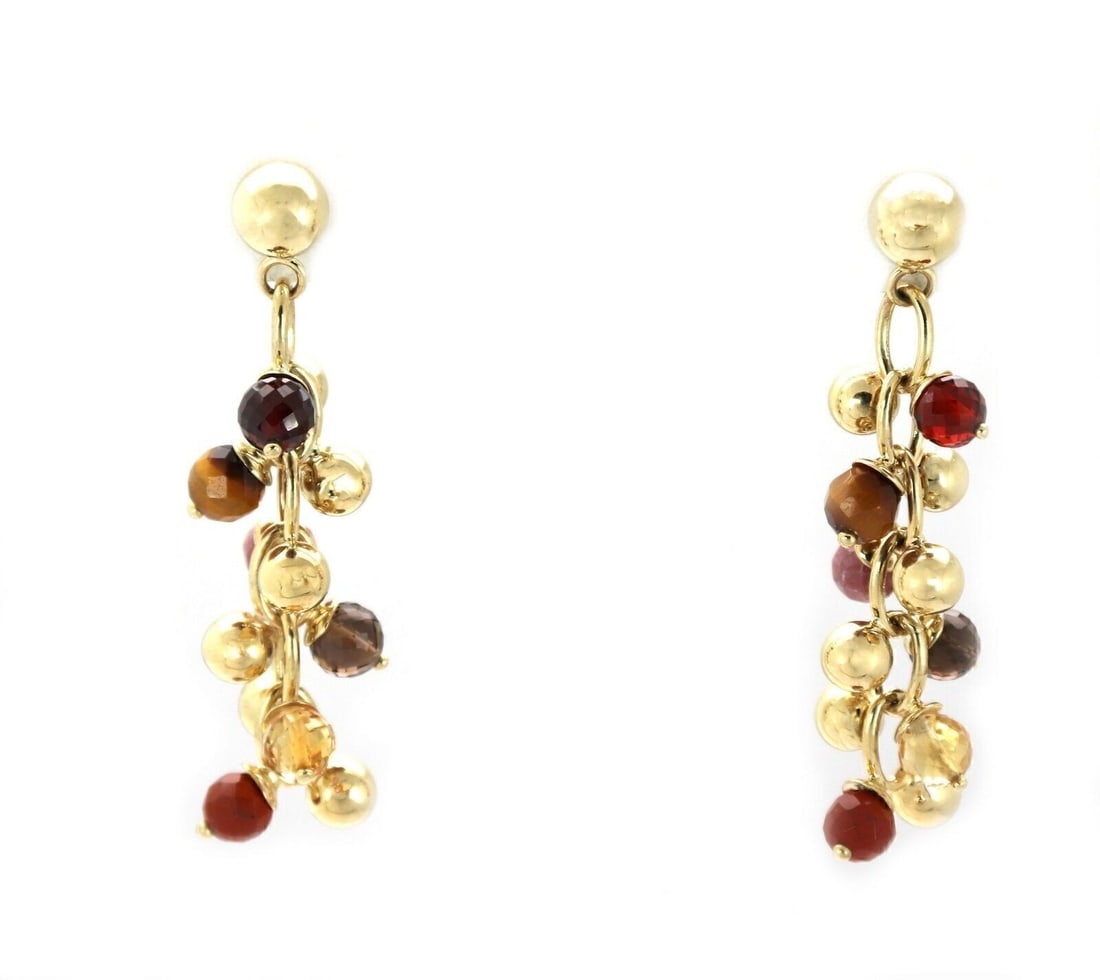 Vintage 14k Yellow Gold Gemstone Cluster Drop Earrings: Vintage 14k Yellow Gold Gemstone Cluster Drop Earrings These vintage cluster bead dangle earrings are crafted from 14k yellow gold and feature a striking arrangement of natural gemstones, including sm