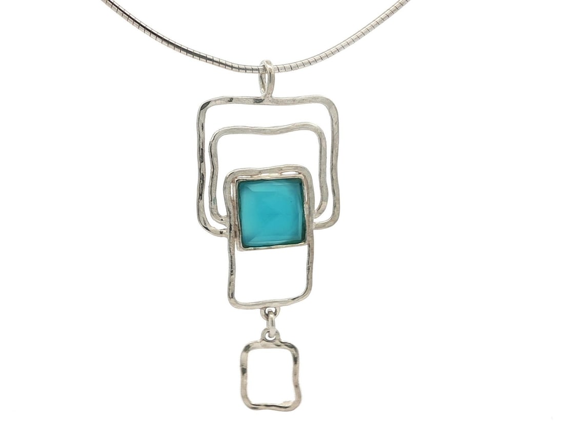 Sterling Silver Ocean Blue Quartz Square Pendant Necklace 17in (1 of 7)