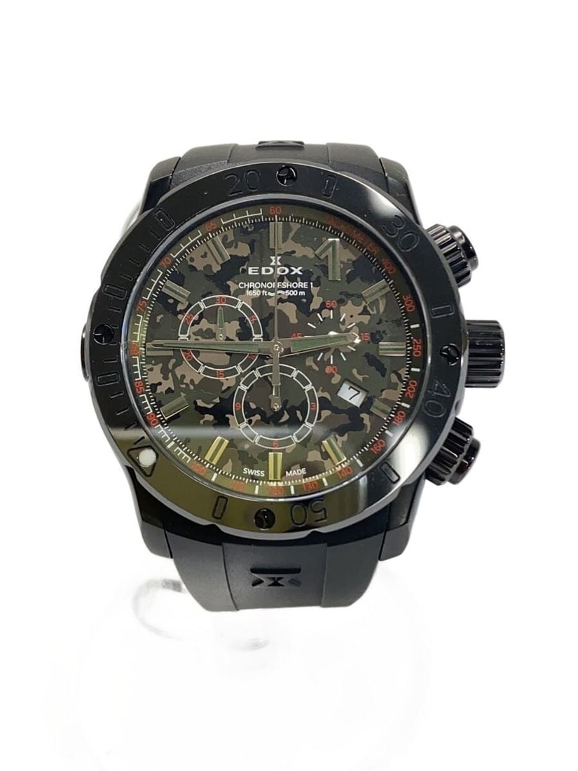 EDOX Offshore Chronograph Quartz Men's Rubber Wristwatch: EDOX Offshore Chronograph Quartz Men's Rubber Wristwatch This EDOX Chrono Offshore 1 Quartz wristwatch is designed for men and features a durable khaki rubber band. The Swiss-made timepiece showcases 