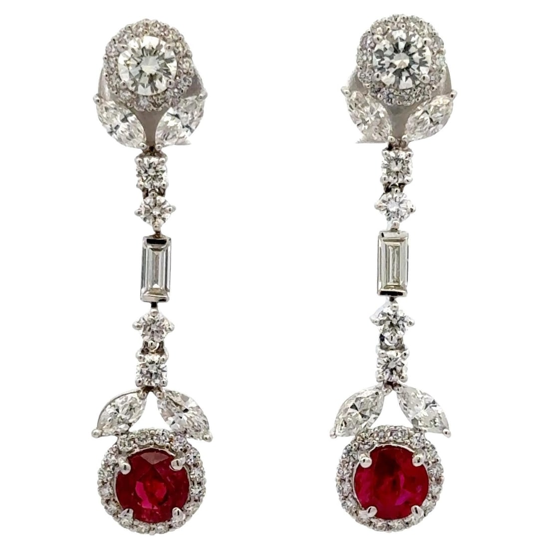 Harbor Diamonds 18K White Gold Ruby Diamond Drop Earrings 3.57 Carats: Harbor Diamonds 18K White Gold Ruby Diamond Drop Earrings 3.57 Carats Elevate your style with these exquisite Ruby Diamond Halo Floral Drop Earrings. Crafted from luxurious 18 karat white gold, these 