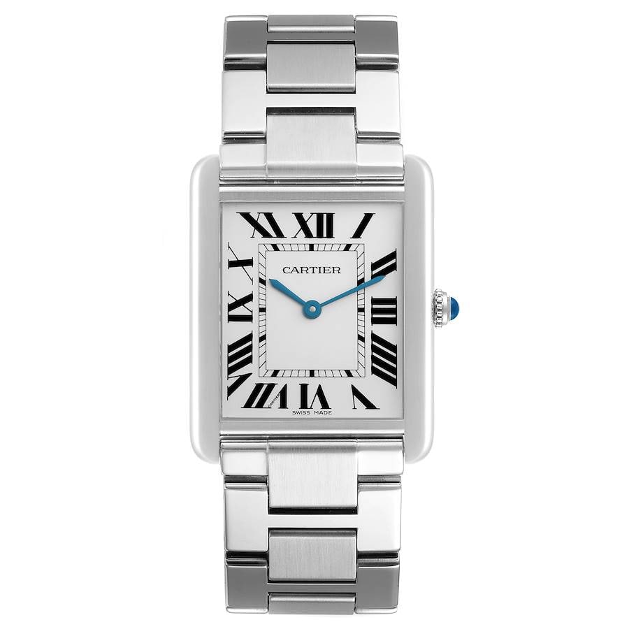 Tank Solo Reference 3169 Stainless Steel Watch with Roman Numeral Dial: Tank Solo Reference 3169 Stainless Steel Watch with Roman Numeral Dial This is a Cartier Tank Solo watch featuring a silver Roman numeral dial and reference number 3169. The stainless steel case measu