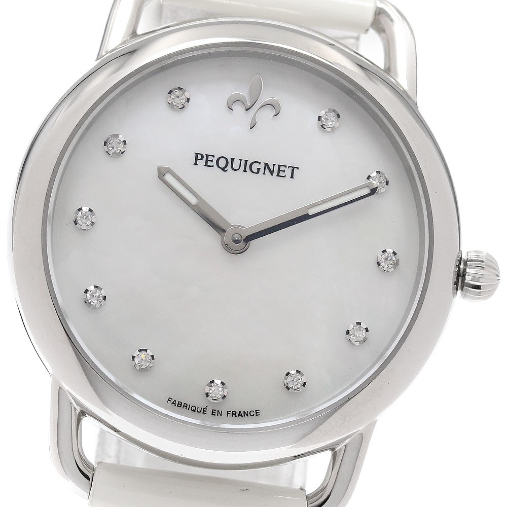 Pequignet Moorea Equus Quartz Ladies Wristwatch 8333503CD GV: Pequignet Moorea Equus Quartz Ladies Wristwatch 8333503CD GV This Pequignet Moorea Equus women's wristwatch features a stainless steel case and a white mother-of-pearl dial, paired with a leather stra