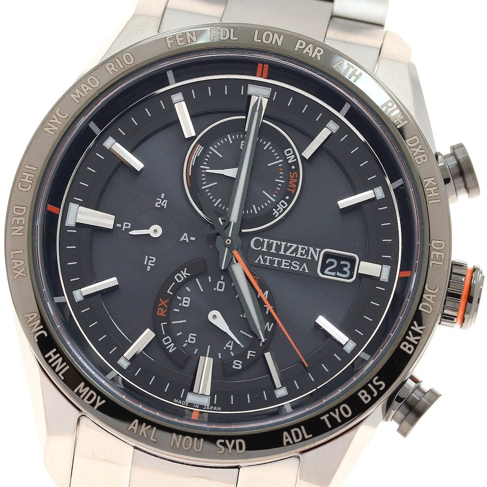 Citizen Attesa Act Line Titanium Solar Radio Watch AT8189-61E: Citizen Attesa Act Line Titanium Solar Radio Watch AT8189-61E This Citizen Attesa Actline men's wristwatch features a titanium case and band with a sleek black dial. The watch is powered by a solar-po