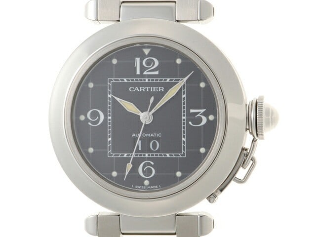 Cartier Pasha C Automatic Big Date Black Steel Wristwatch: Cartier Pasha C Automatic Big Date Black Steel Wristwatch This pre-owned Cartier Pasha C Big Date W31053M7 wristwatch features a black dial and is crafted from stainless steel. Designed for men, this 