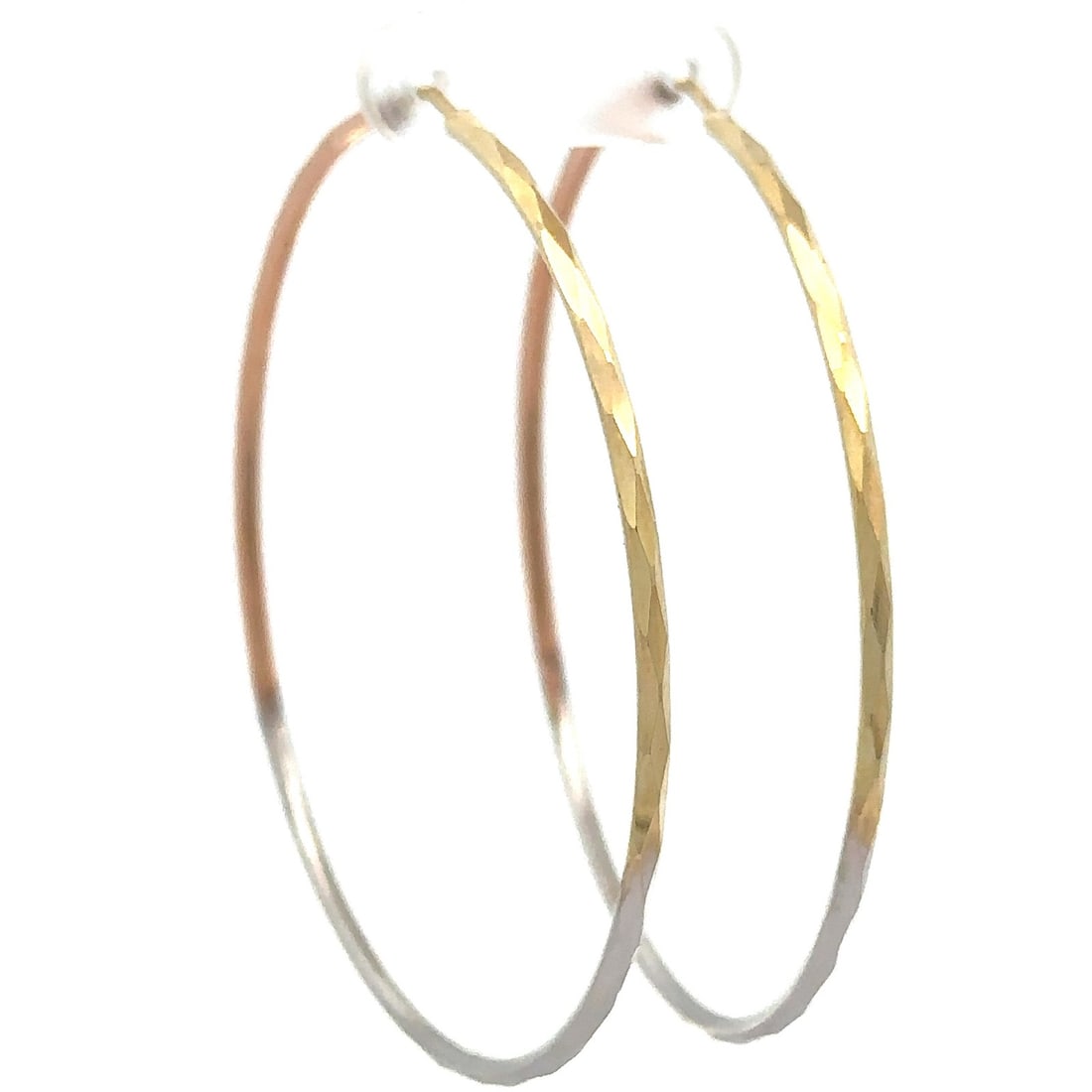Large 58mm Solid 14k Yellow Rose White Gold Hoop Earrings: Large 58mm Solid 14k Yellow Rose White Gold Hoop Earrings These elegant hoop earrings feature a stunning combination of solid 14k yellow, rose, and white gold, designed in a large faceted tube style. 