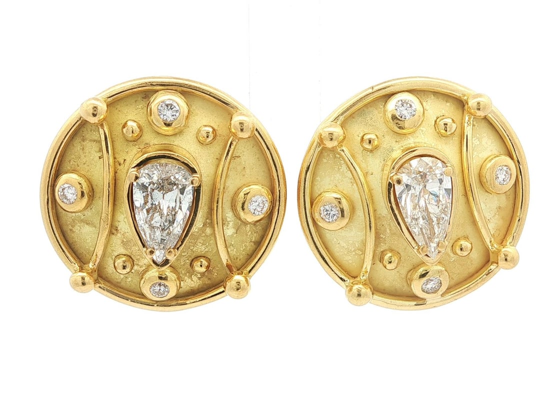Denise Roberge 3.74ctw Yellow Gold Pear Round Diamond Earrings: Denise Roberge 3.74ctw Yellow Gold Pear Round Diamond Earrings These stunning earrings by Denise Roberge feature a luxurious design, highlighted by two natural pear-shaped diamonds totaling approximat