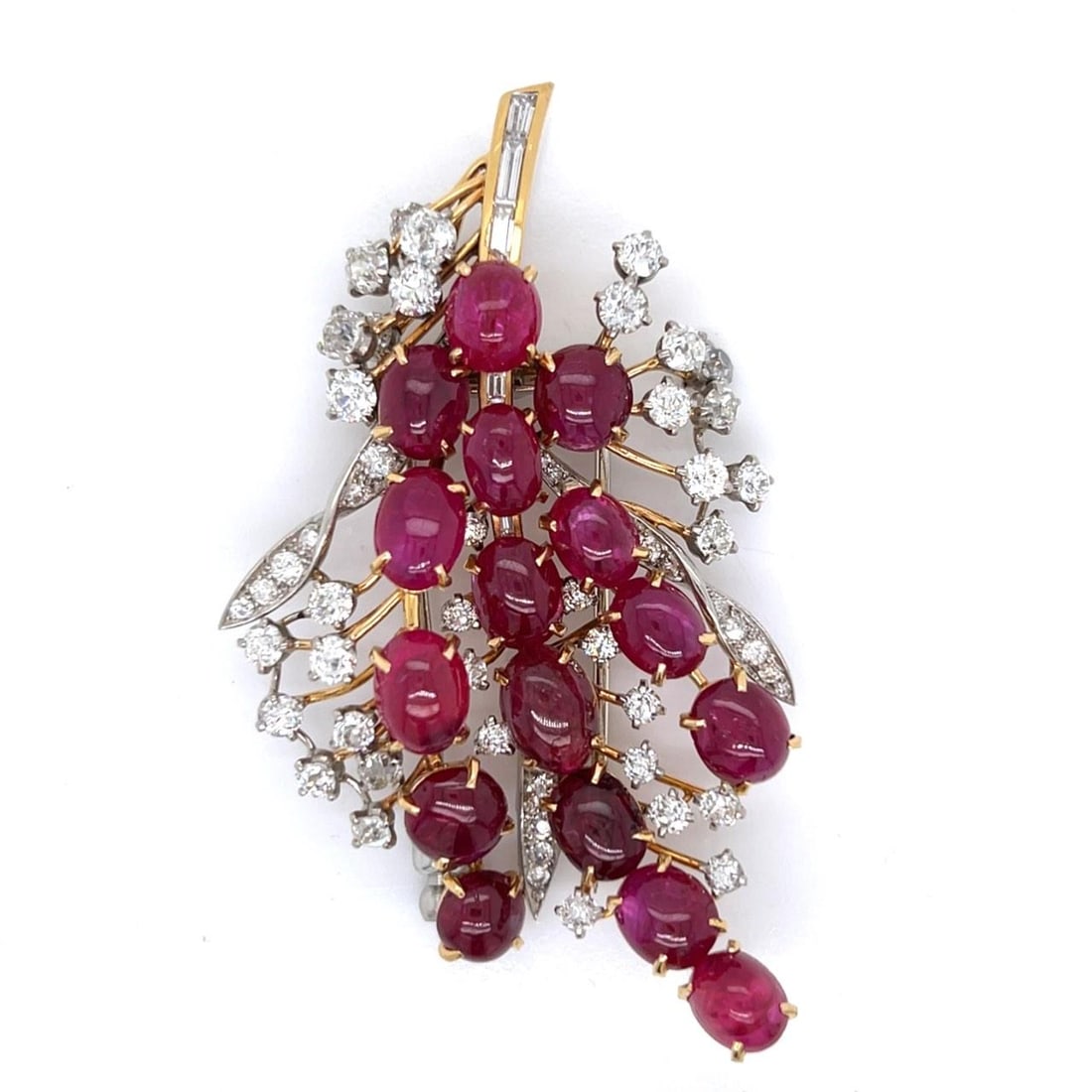 1960's GIA Certified Burma No-heat Ruby Diamond Brooch 18K Palladium: 1960's GIA Certified Burma No-heat Ruby Diamond Brooch 18K Palladium This exquisite 1960's brooch is crafted from 18K gold and palladium, showcasing a stunning array of gemstones. It features 16 GIA C