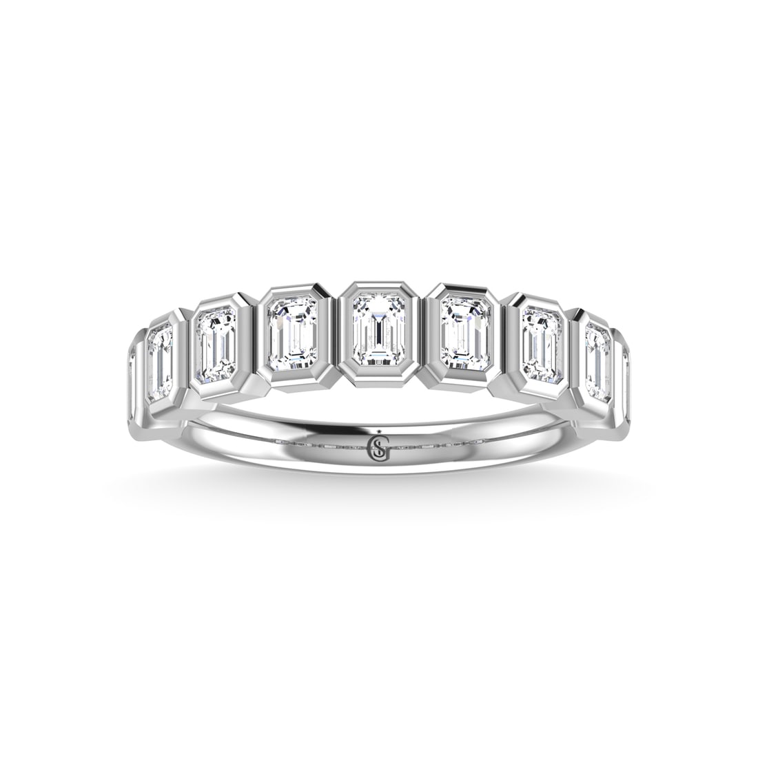 14K White Gold Lab Grown Diamond 7/8 Ct.Tw. Emerald Shape Half way Bezel Band: 14K White Gold Lab Grown Diamond 7/8 Ct.Tw. Emerald Shape Half way Bezel Band Exude elegance with this 14K White Gold Bezel Band, featuring 7/8 Ct.Tw. of stunning emerald-shaped lab-grown diamonds set