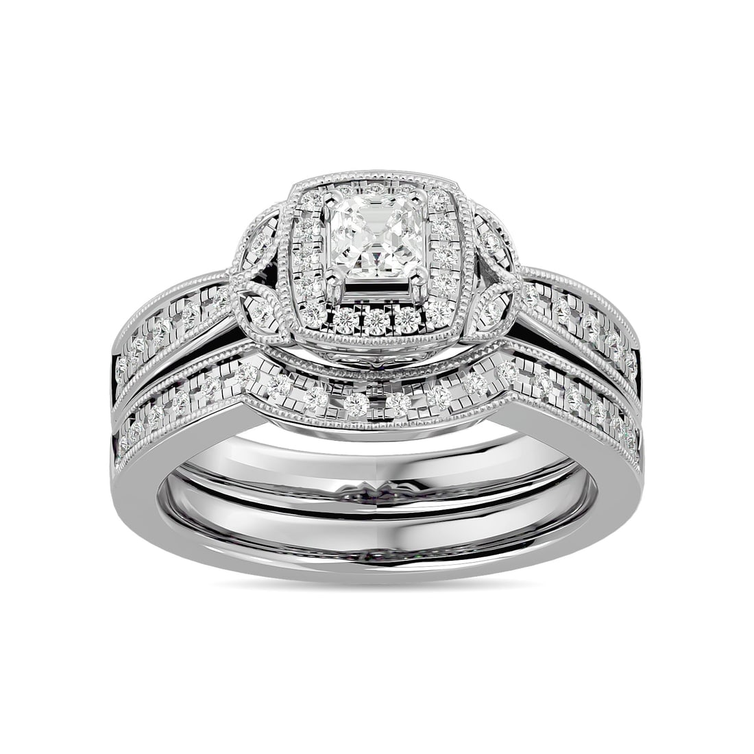 Diamond 1/2 Ct.Tw. Round and Princess Bridal Ring in 14K White Gold: Diamond 1/2 Ct.Tw. Round and Princess Bridal Ring in 14K White Gold 14k White Gold Stone Color: G-h Stone Clarity: Si2 Each ring is presented in standard size 6.5. Complimentary resizing is available 