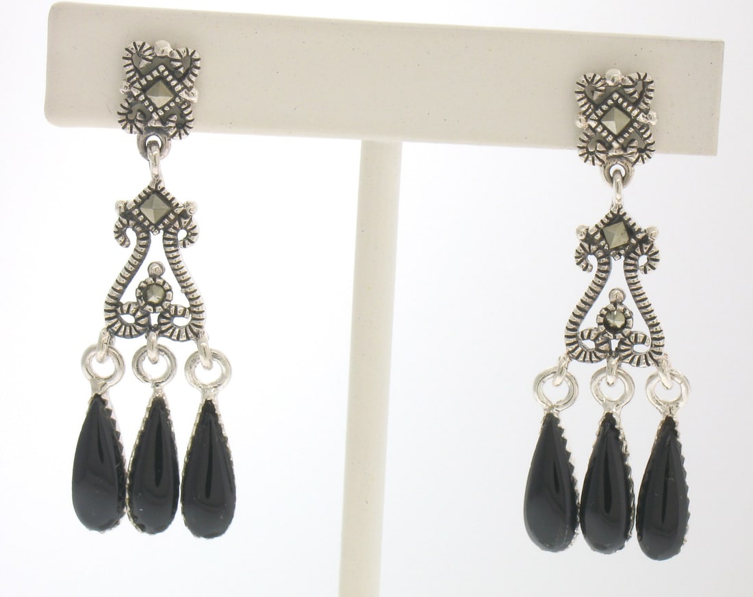 Marcasite Sterling Silver Black Onyx Dangle Earrings 1.50 Inch (1 of 3)
