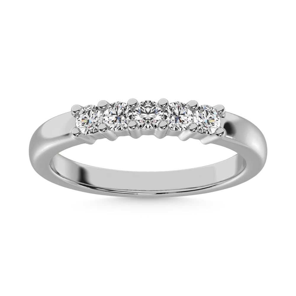 Diamond 1/4 Ct.Tw. 5 Stone Band in 14K White Gold: Diamond 1/4 Ct.Tw. 5 Stone Band in 14K White Gold 14k White Gold Stone Color: G-h Stone Clarity: I1 Each ring is presented in standard size 6.5. Complimentary resizing is available between sizes 510