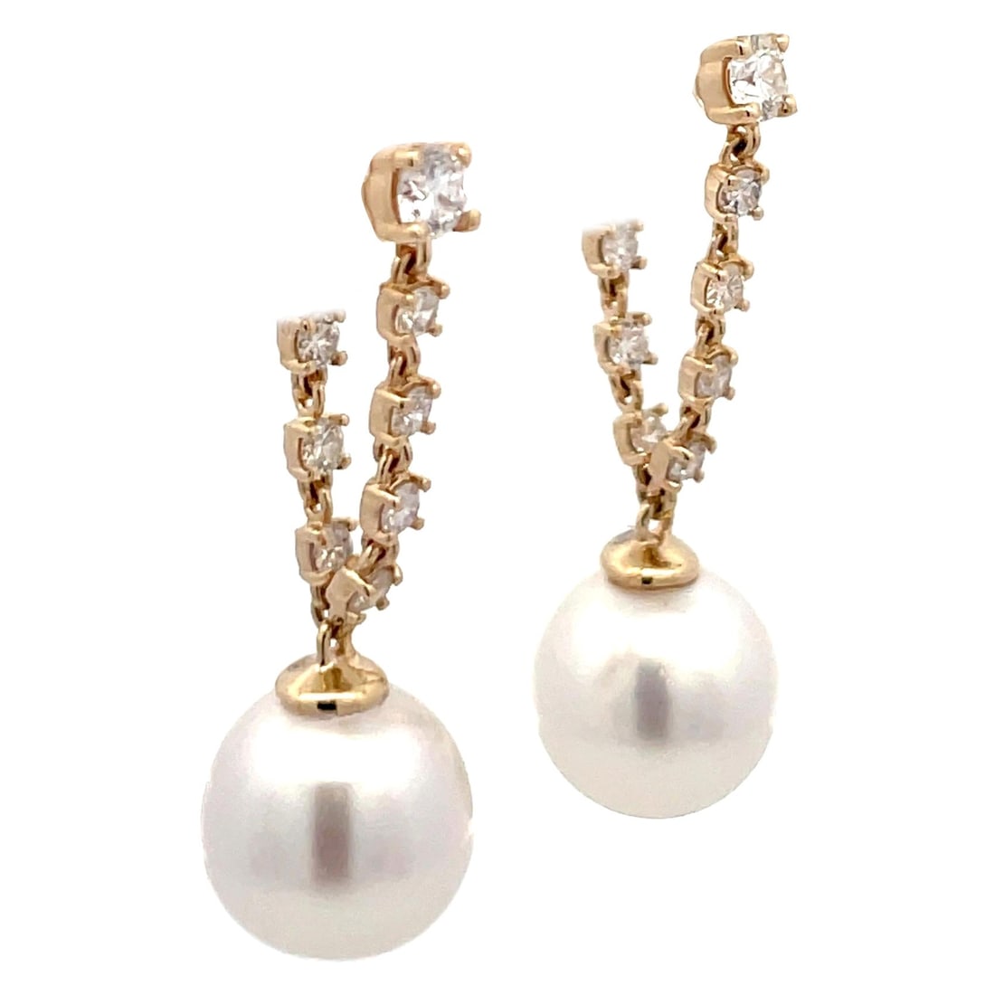 Harbor Diamonds 14KT Yellow Gold Diamond Drop Earrings with South Sea Pearls: Harbor Diamonds 14KT Yellow Gold Diamond Drop Earrings with South Sea Pearls These stunning contemporary earrings feature a beautiful drop design crafted from 14KT yellow gold. Accentuated with 14 rou