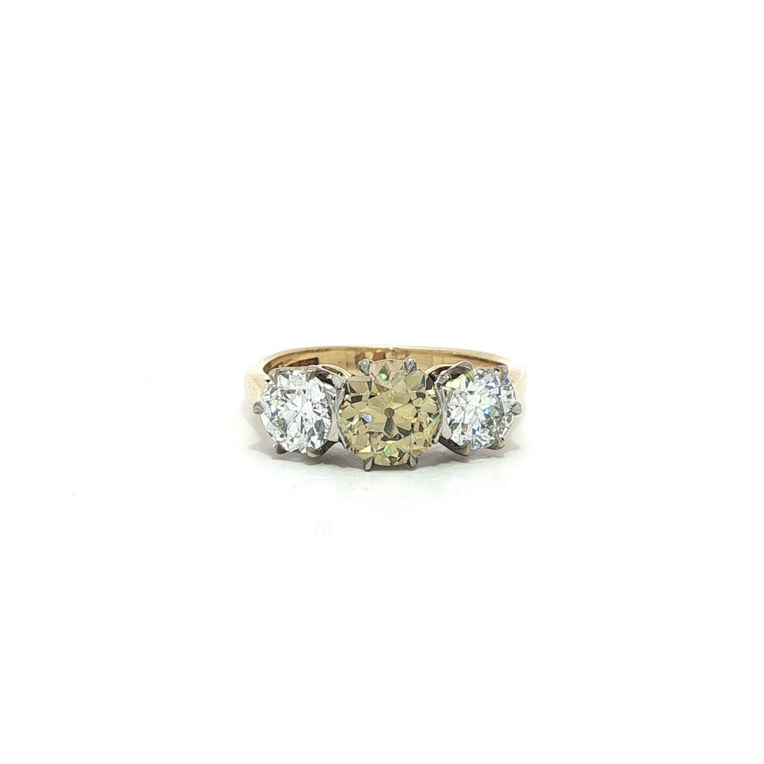 Antique Edwardian 18k Gold Platinum GIA 2.11ct Fancy Yellow Diamond 3 Stone Ring: Antique Edwardian 18k Gold Platinum GIA 2.11ct Fancy Yellow Diamond 3 Stone Ring This exquisite Antique Edwardian style cocktail ring features a stunning 2.11ct total weight with a captivating center 