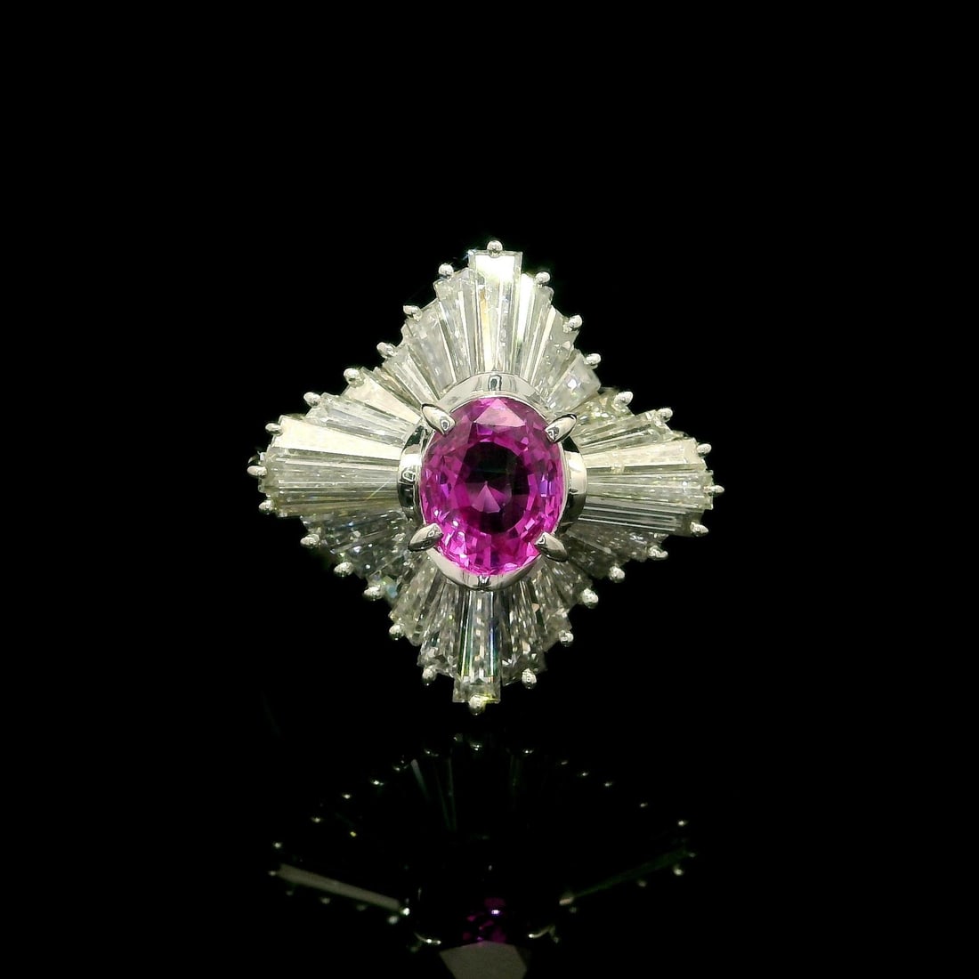Vintage Platinum 3.37ctw GIA No Heat Pink Sapphire Diamond Ballerina Ring: Vintage Platinum 3.37ctw GIA No Heat Pink Sapphire Diamond Ballerina Ring This exquisite vintage cocktail ring is crafted from solid platinum and features a stunning natural pink sapphire at its cente