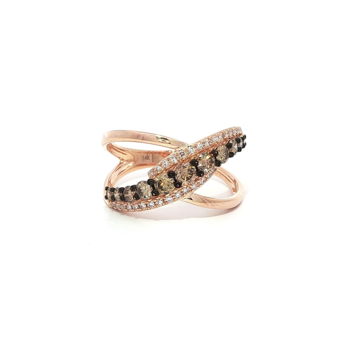 Effy 14k Rose Gold 0.66ctw Chocolate Brown White Diamond Crossover Ring: Effy 14k Rose Gold 0.66ctw Chocolate Brown White Diamond Crossover Ring Elevate your style with this stunning Effy wide crossover ring, crafted in solid 14k rose gold. This cocktail ring features a be
