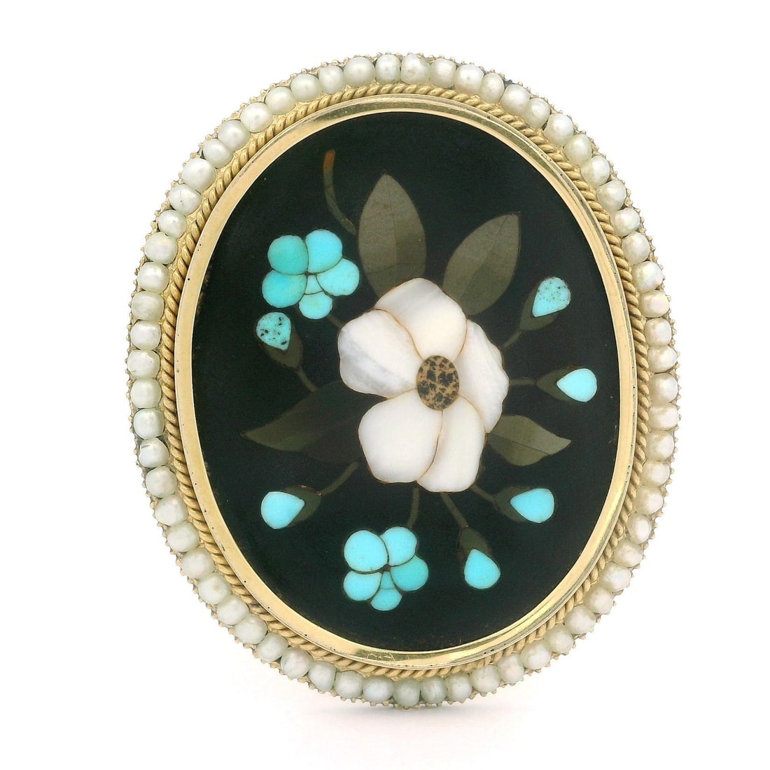 14k Yellow Gold Pietra Dura Pearl Floral Brooch: 14k Yellow Gold Pietra Dura Pearl Floral Brooch This vintage brooch features an oval black stone with intricate pietra dura inlaid floral work in green, white, and blue tones, surrounded by a halo of 