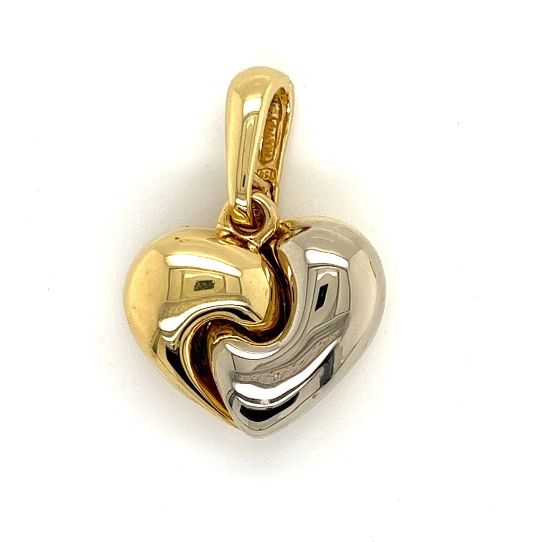 Chimento 18k Two Tone Puffy Heart Pendant Charm: Chimento 18k Two Tone Puffy Heart Pendant Charm This authentic Chimento pendant is crafted in solid 18k yellow and white gold, featuring a dimensional puffy heart design composed of two polished sculp