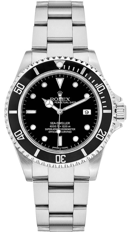 Sea-Dweller Reference 16600 Black Dial Watch with Papers from 2000: Sea-Dweller Reference 16600 Black Dial Watch with Papers from 2000 This Rolex Sea-Dweller features a black dial and an aluminum bezel, paired with a classic Oyster bracelet. The watch is identified by
