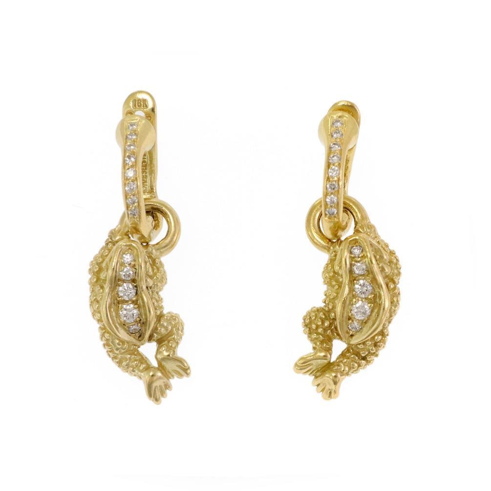 Kieselstein Cord Frog Earrings 18K Gold with Diamonds: Kieselstein Cord Frog Earrings 18K Gold with Diamonds Discover these charming Kieselstein Cord Frog Earrings, expertly crafted from 18K yellow gold. The design features huggie hoop tops with secure po