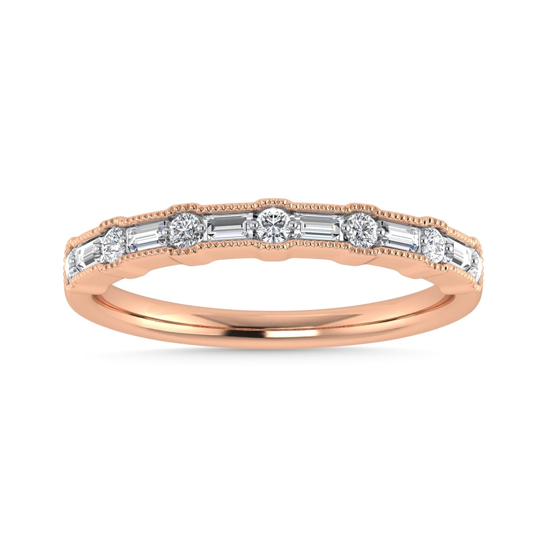 Diamond 1/4 Ct.Tw. Ladies Wedding Band in 14K Rose Gold: Diamond 1/4 Ct.Tw. Ladies Wedding Band in 14K Rose Gold 14k Rose Gold Stone Color: G-h Stone Clarity: Si2 / I1 Each ring is presented in standard size 6.5. Complimentary resizing is available between 