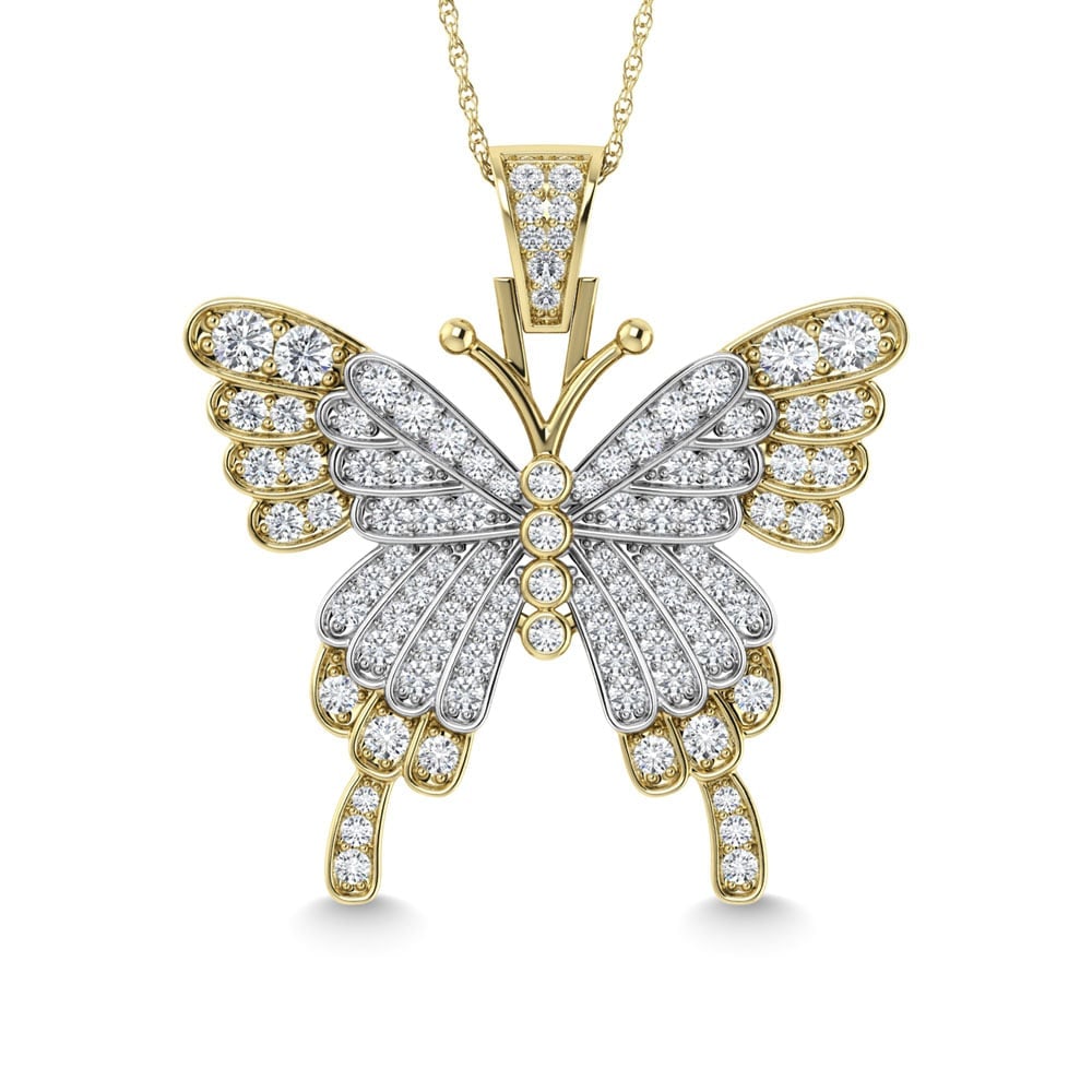 Diamond 1 3/8 Ct.Tw. Butterfly Pendant in 10K Two Tone: Diamond 1 3/8 Ct.Tw. Butterfly Pendant in 10K Two Tone 10k Two Tone Stone Color: G-h Stone Clarity: I3 Unless otherwise specified, pendants that include a chain are paired with our standard 18-inch le