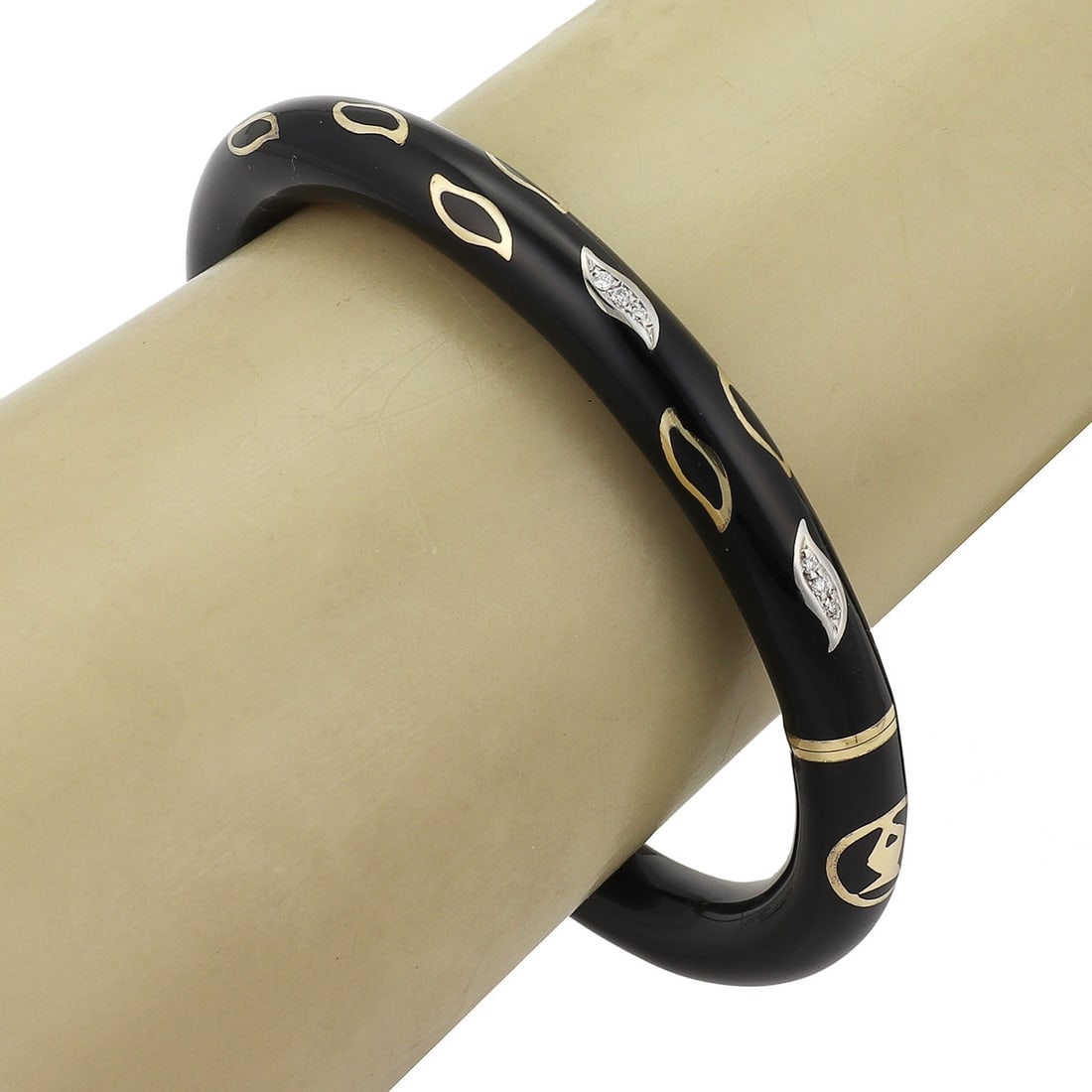 Nouvelle Bague black enamel diamond bangle bracelet 18k sterling: Nouvelle Bague black enamel diamond bangle bracelet 18k sterling This authentic Nouvelle Bague bangle bracelet is crafted from sterling silver with 18k yellow and white gold accents. It features sleek