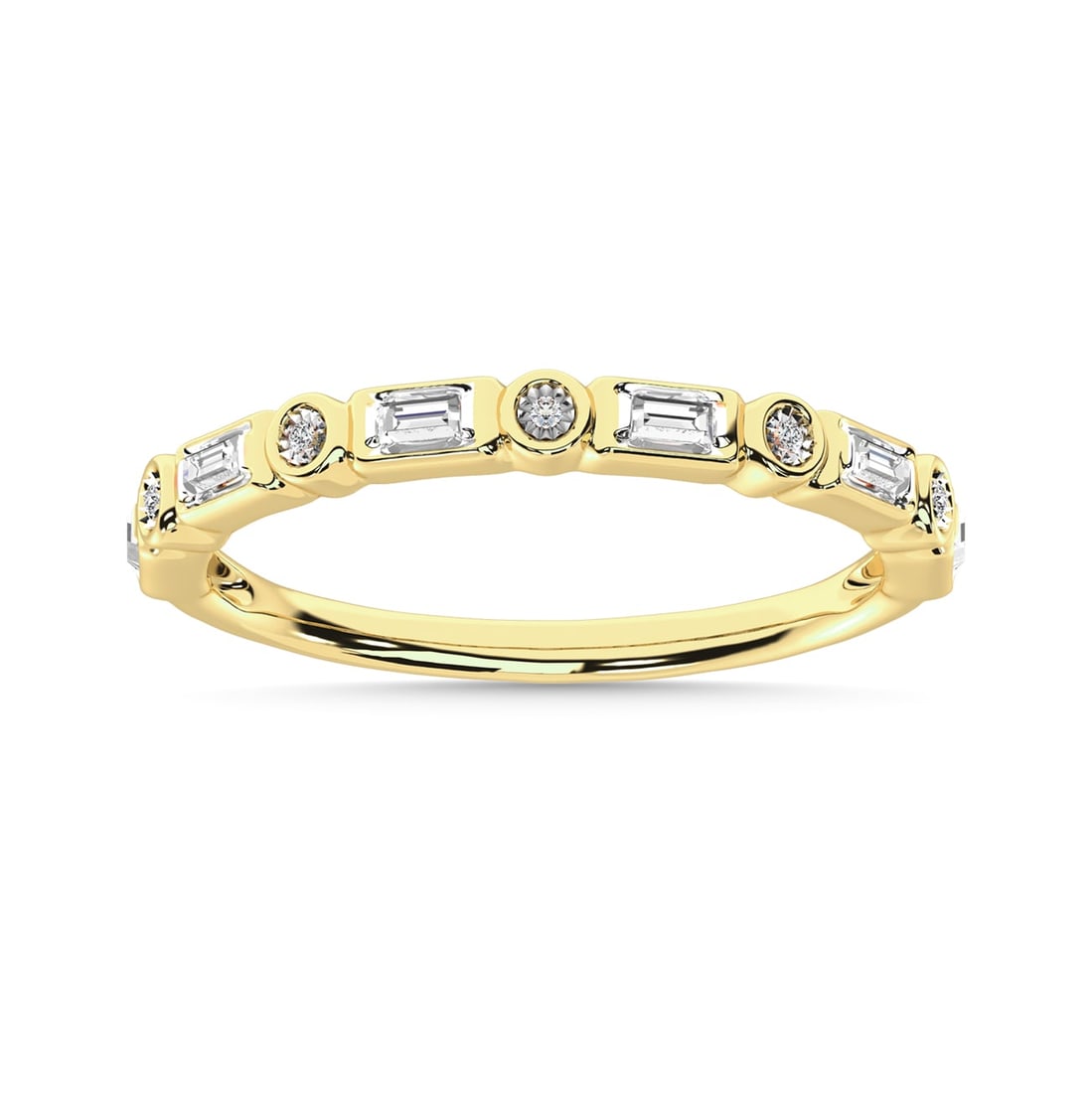 Diamond 1/8 Ct.Tw. Round and Baguette Stack Band in 14K Yellow Gold: Diamond 1/8 Ct.Tw. Round and Baguette Stack Band in 14K Yellow Gold 14k Yellow Gold Stone Color: G-h Stone Clarity: I2-i3 Each ring is presented in standard size 6.5. Complimentary resizing is availab