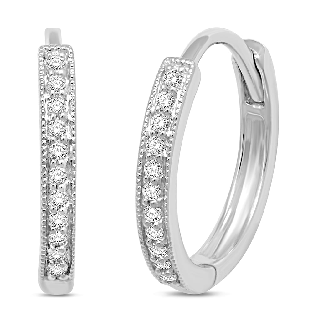 14K White Gold 1/10 Ct.Tw.Diamond Stackable Earrings: 14K White Gold 1/10 Ct.Tw.Diamond Stackable Earrings Created in 14K white gold, These Oval shape hoop are set with shimmering diamonds along the front outside edge and border by milgrain detailing. Gl