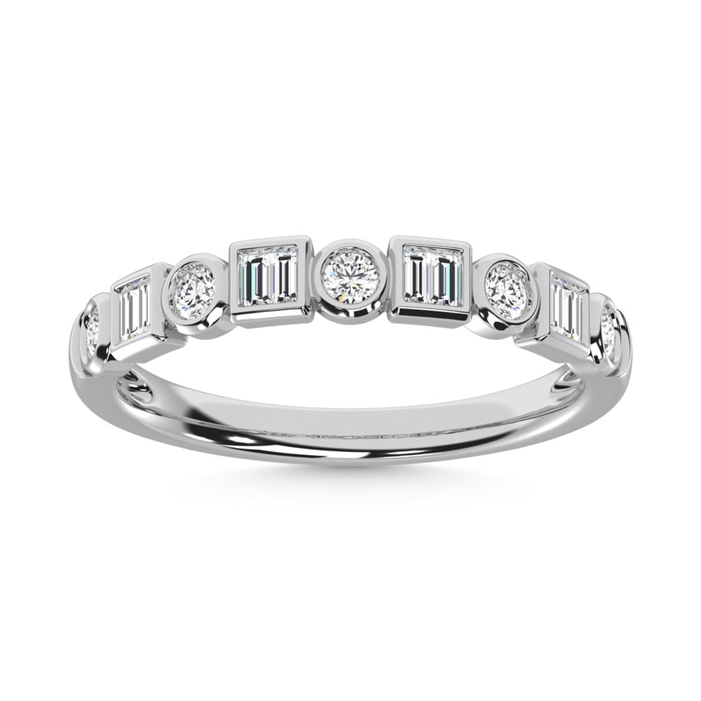 14K White Gold Diamond 1/4 Ct.Tw. Stack Band: 14K White Gold Diamond 1/4 Ct.Tw. Stack Band 14k White Gold Stone Color: G-h Stone Clarity: Si Each ring is presented in standard size 6.5. Complimentary resizing is available between sizes 510 (in 1/