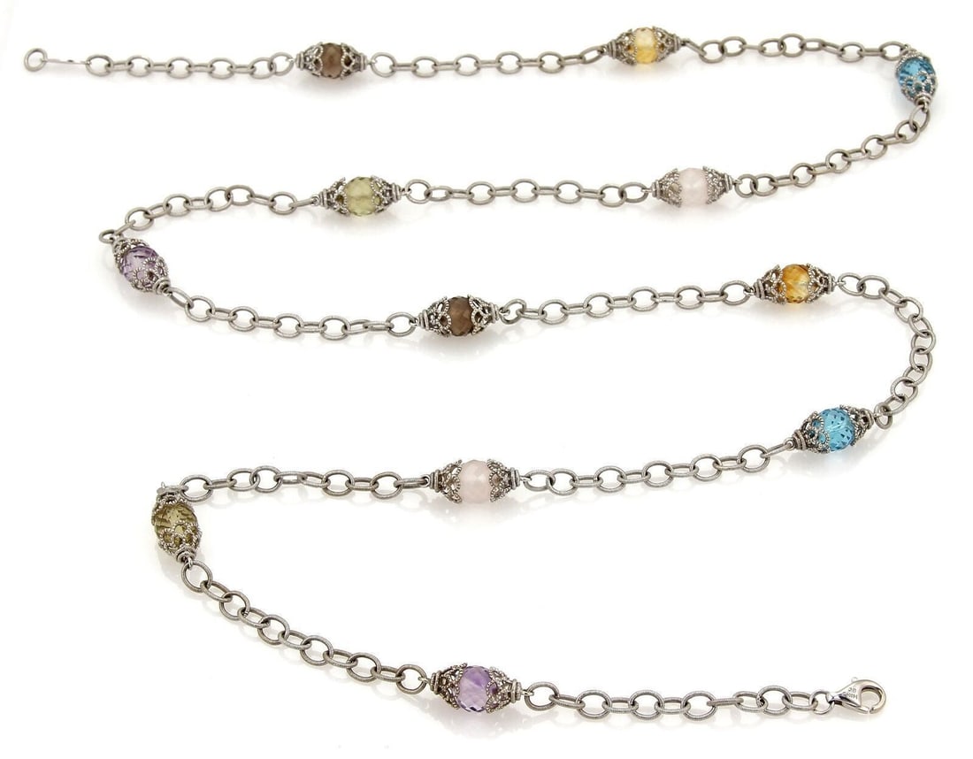 Gabriel Co 14k White Gold Bead Link Necklace with Gemstone Charms 36: Gabriel Co 14k White Gold Bead Link Necklace with Gemstone Charms 36 This Gabriel & Co. necklace features an elegant bead link chain crafted from 14k white gold. The 36-inch necklace is adorned with v