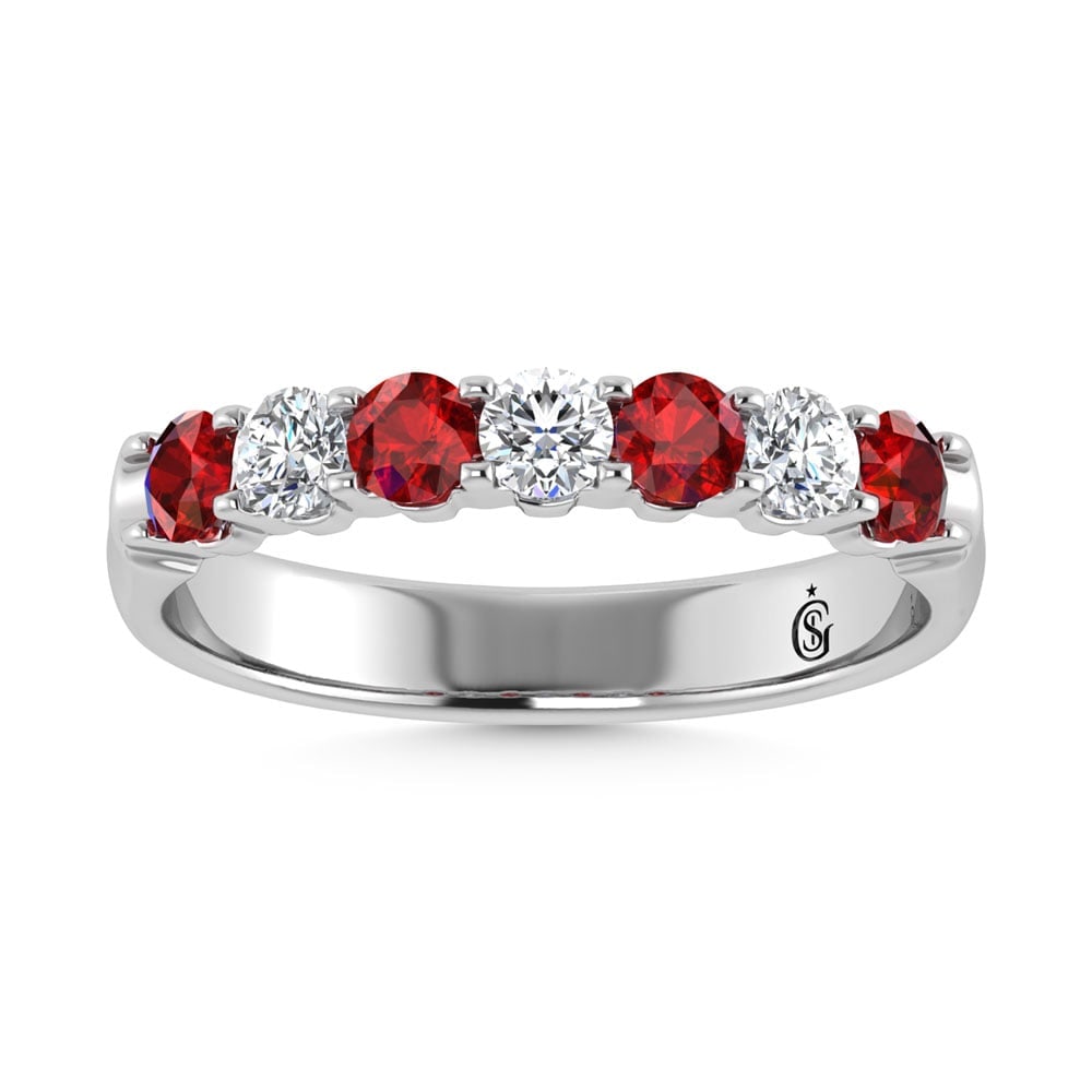 14K White Gold Machine Set Alternate Ruby and Diamond 7/8 Ct.Tw. Band: 14K White Gold Machine Set Alternate Ruby and Diamond 7/8 Ct.Tw. Band 14k White Gold Stone Color: G-h Stone Clarity: I2 Each ring is presented in standard size 6.5. Complimentary resizing is