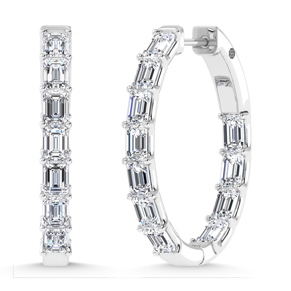 14K White Gold 3 1/2 Ct.Tw. Lab Grown Diamond Vertical Emerald Shape In and Out Hoop Earrings: 14K White Gold 3 1/2 Ct.Tw. Lab Grown Diamond Vertical Emerald Shape In and Out Hoop Earrings Beautiful 14K white gold hoops adorned with 3 1/2 Ct.Tw. lab-grown diamonds in vertical emerald shape.
