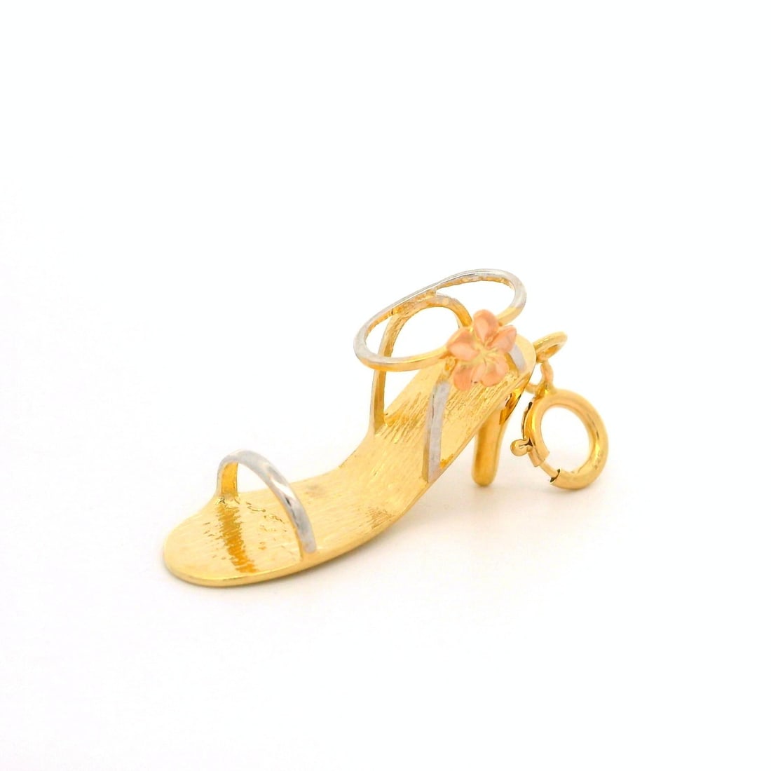 14k Yellow White Rose Gold High Heel Charm with Spring Ring Clasp: 14k Yellow White Rose Gold High Heel Charm with Spring Ring Clasp This exquisite charm features a unique high heel design crafted from a combination of 14k yellow gold, rose gold, and white gold. The 