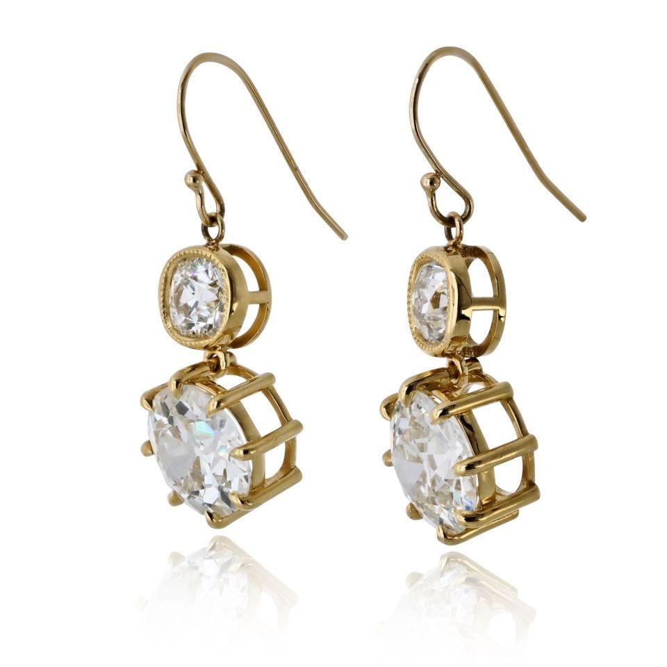 Old European Cut Diamond Drop Earrings 18K Yellow Gold 10.06cttw - 2