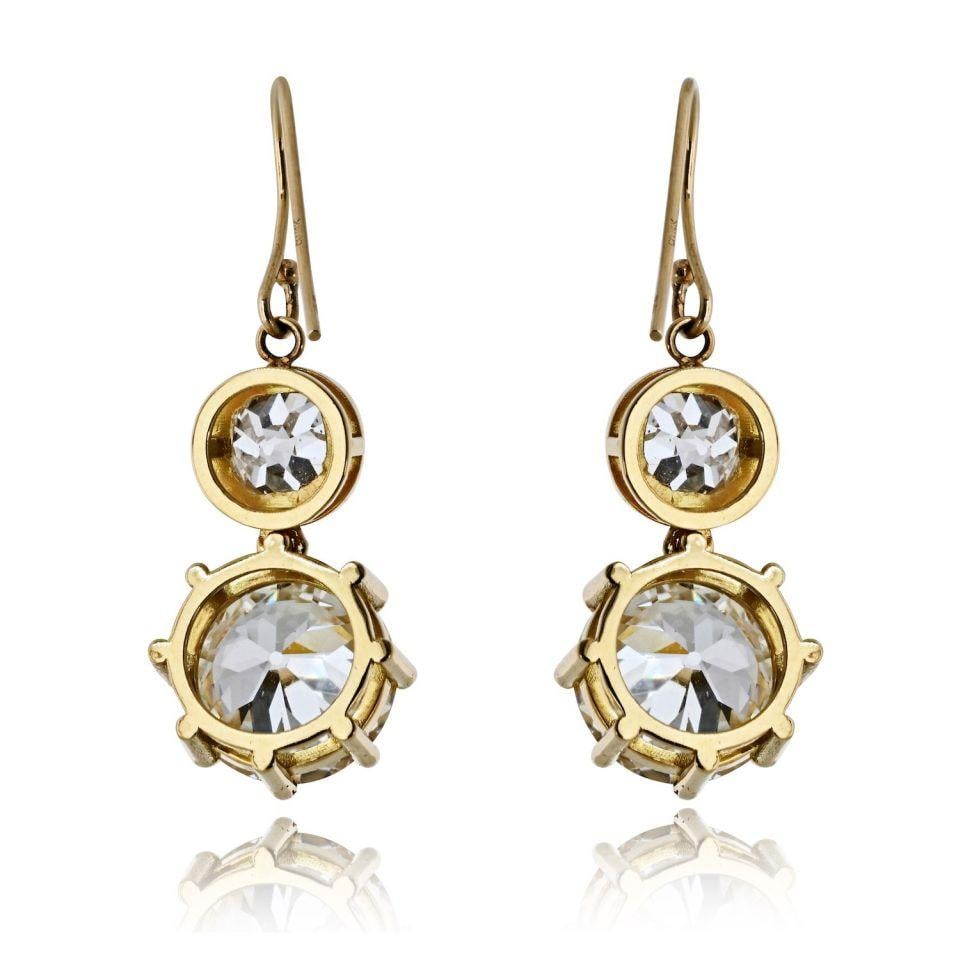 Old European Cut Diamond Drop Earrings 18K Yellow Gold 10.06cttw - 4