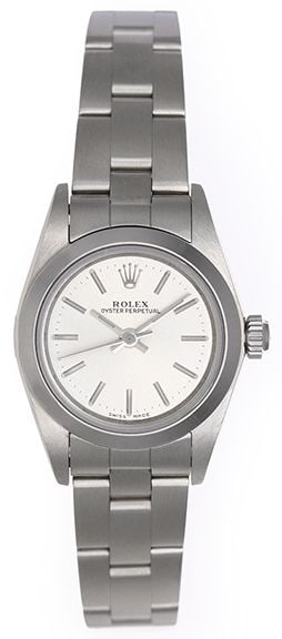 Ladies Rolex Oyster Perpetual Ref 67180 Silver Dial With Papers 1996: Ladies Rolex Oyster Perpetual Ref 67180 Silver Dial With Papers 1996 This ladies' Rolex Oyster Perpetual watch features a silver dial and a smooth bezel. The timepiece is presented on the iconic Oyste