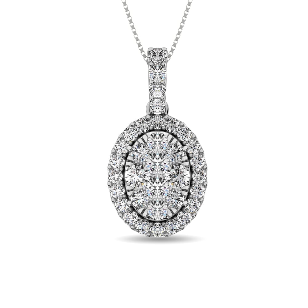 14K White Gold 5/8 Ct.tw Diamond Fashion Pendant: 14K White Gold 5/8 Ct.tw Diamond Fashion Pendant Crafted in cool 14K white gold, this sophisticated design features both a oval-shaped outer and inner frame of dazzling diamonds around a 5/8 Ct.Tw. di